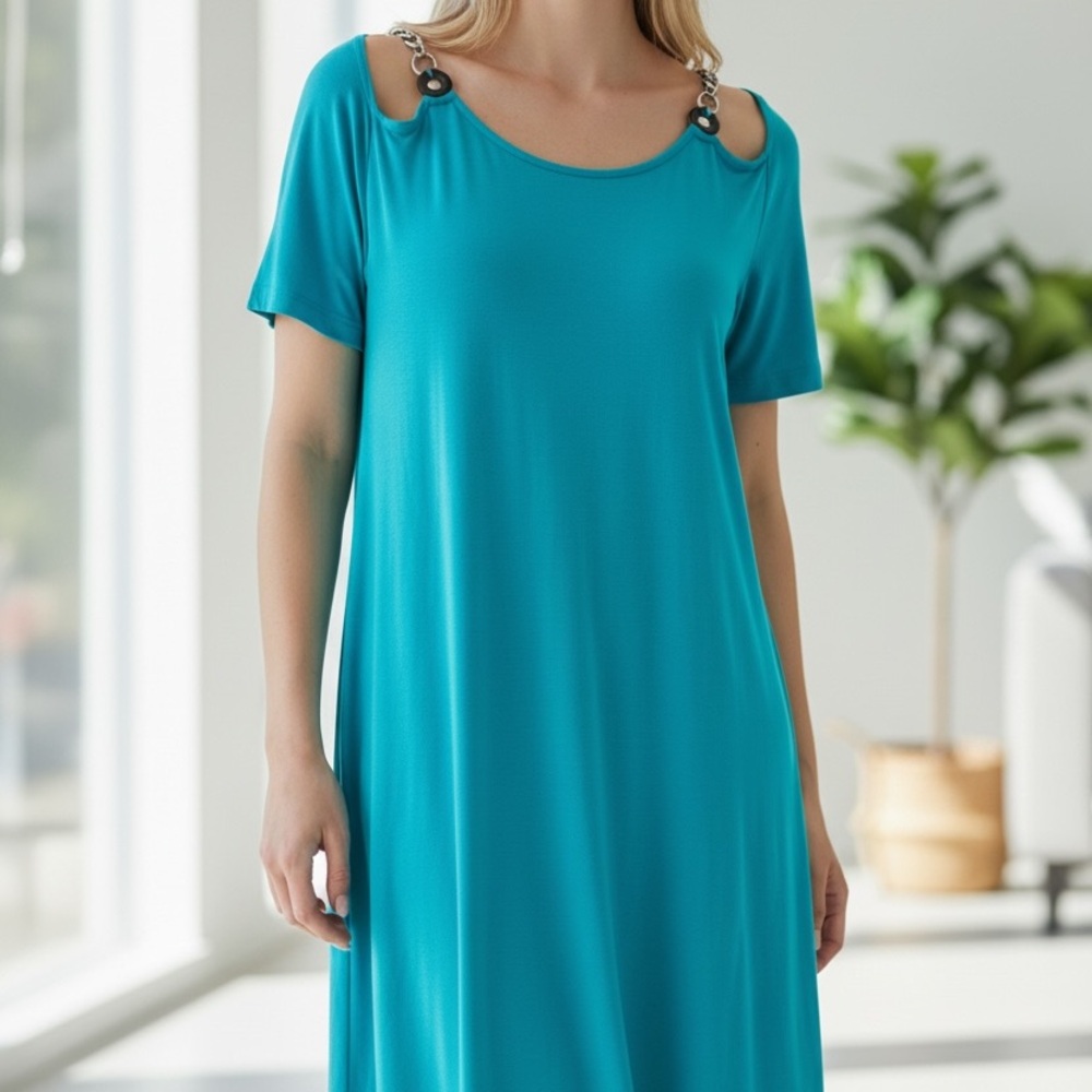 NWOT Michael Kors AquaBlue Chain Shoulder Strap Cold Shoulder Shift Dress Size S